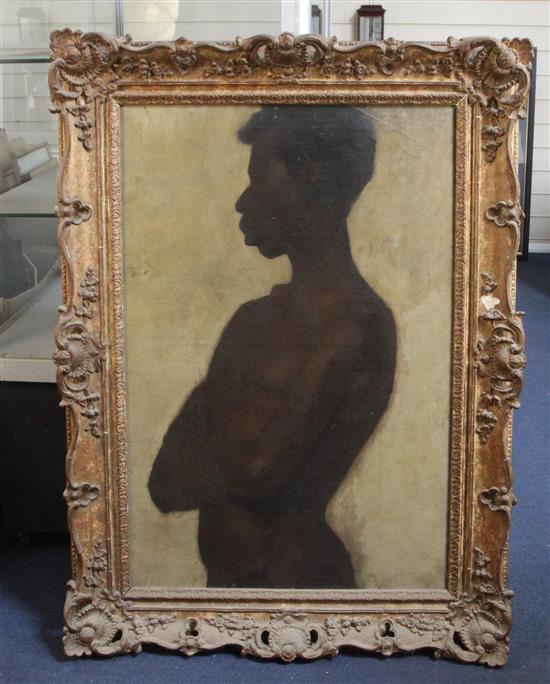 Albert de Belleroche (1864-1944) Half length portrait of a nude black man 30 x 20.5in.